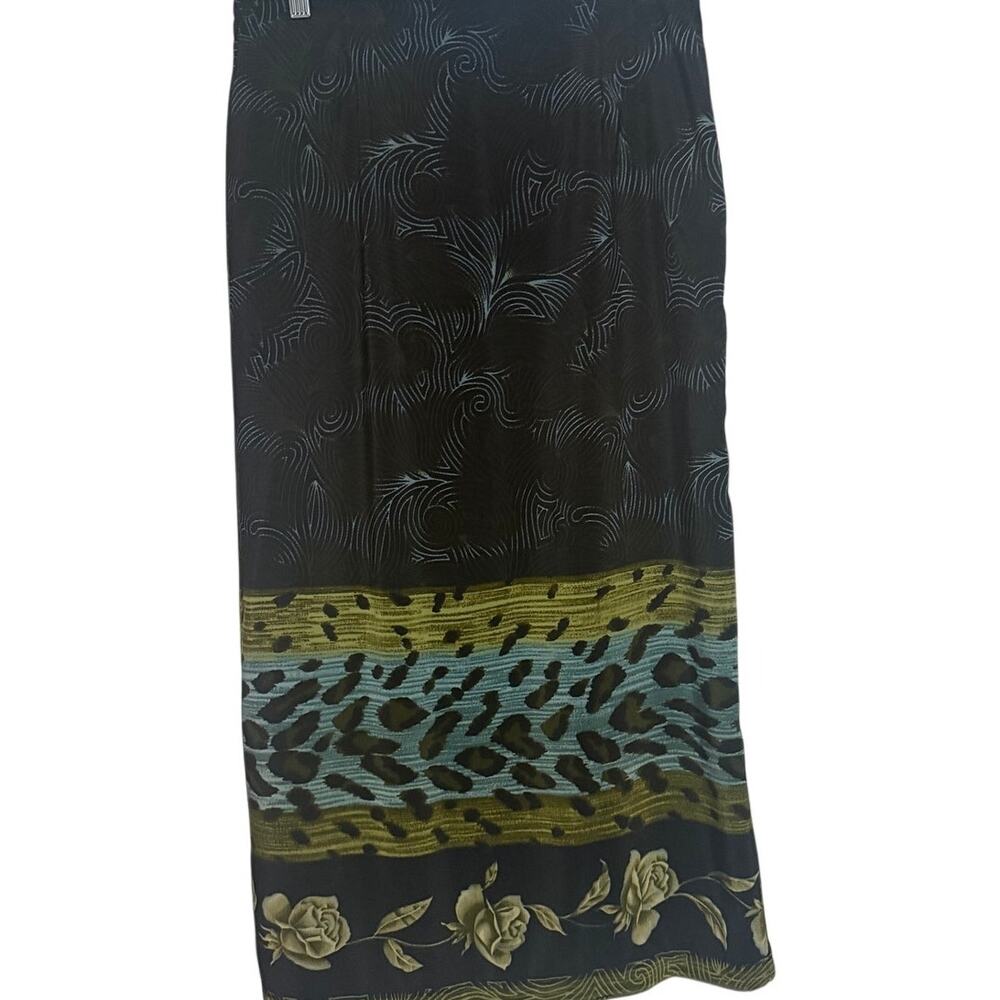 Emeralda Fashions Women's‎ Black Teal Printed Skirt Wide Elastic Waist Size L